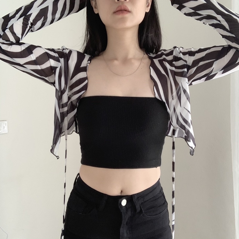 Áo Croptop Tay Dài, Áo Crt Khoác Lưới Co Giãn In Hoạ Tiết Freesize IRISVIEL