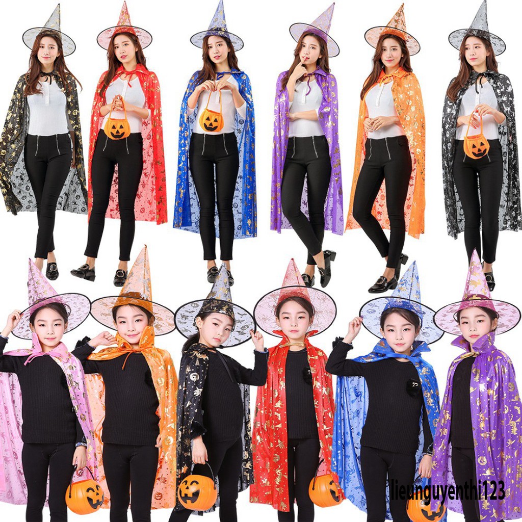 - Bộ áo choàng phù thủy cho trẻ em-Bộ hóa trang phù thủy áo choàng và nón người lớn Halloween 2020