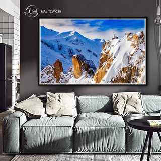 Tranh canvas phong cảnh núi tuyết vàng tặng đinh treo tranh