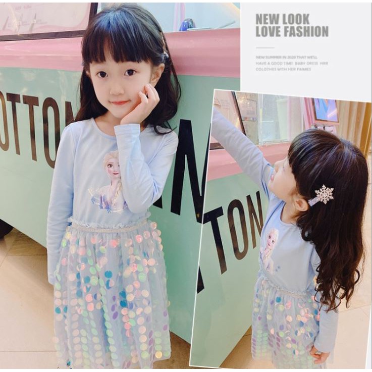 Váy Elsa Thu Đông 2021 Chất Cotton Da Cá, Đính Cườm Lấp Lánh Màu Xanh Nhạt và Tím Hồng