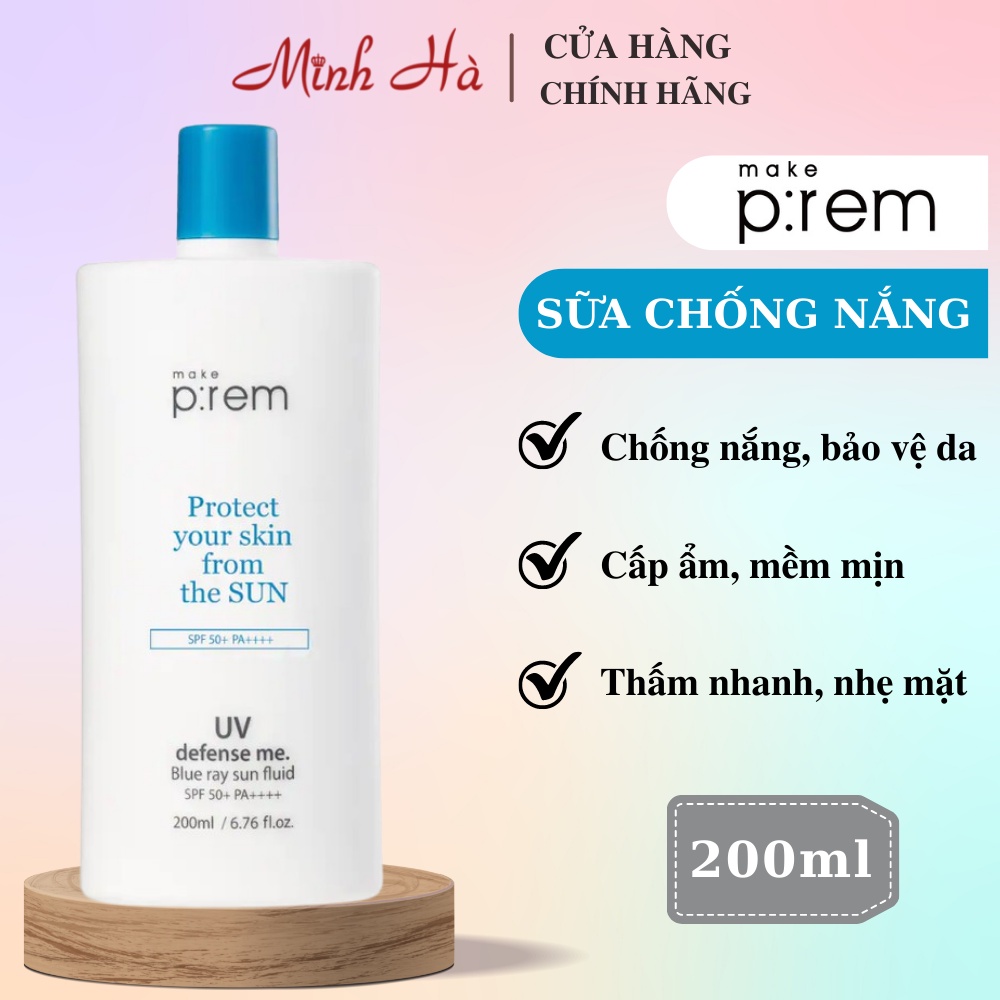 Kem chống nắng vật lý Make P:rem UV Defense Me. Blue Ray Sun Fluid SPF 50+ PA++++ dạng sữa 200ml