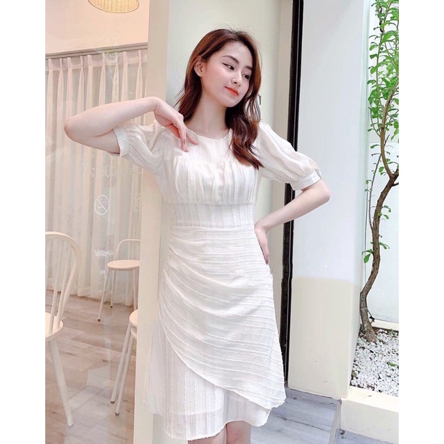 [Jamela] Đầm dự tiệc cổ tròn gân thêu tà xếp ly hai tầng hàng thiết kế cao cấp