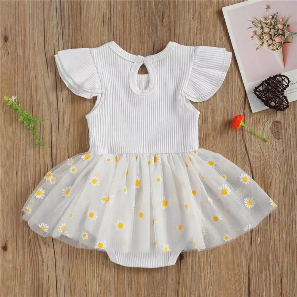 [babytoys] Summer Baby Girl Flying Sleeve Rompers Infant Lace Mesh Daisy Printed Princess Dress Toddler Triangle Bodysuit 0-18M