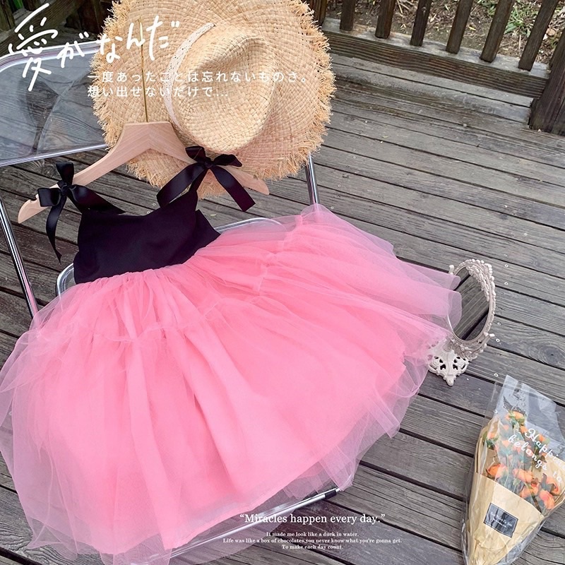 (10-16kg)Váy Ren 2 Dây Đính Nơ Xin Xắn Cho Bé Gái, Đầm Tiểu Thư Cho bé