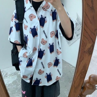 Áo sơ mi bear obstinate trắng - áo sơ mi loang gấu teddy ulzzang