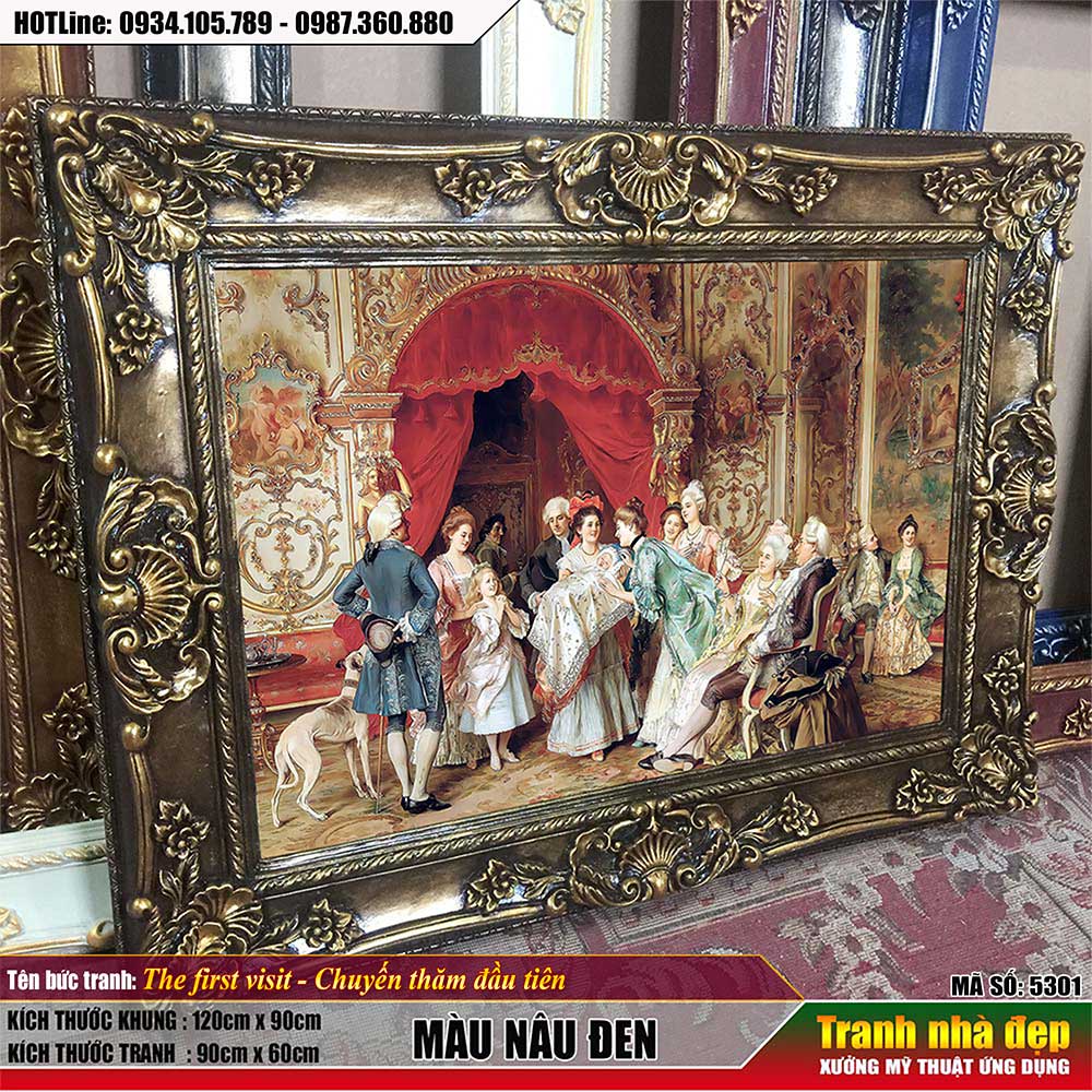 Tranh châu âu khung đúc cổ điển KT 120x90cm, tranh in trên vải. Bức tranh " Chuyến thăm đầu tiên "