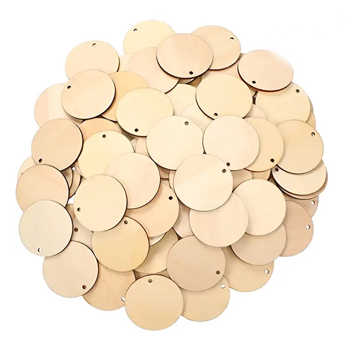Set 50 Miếng Gỗ Tròn Trống Chưa Hoàn Thành Có Lỗ Mặt Dây Chuyền Để Trang Trí, Tô Màu Decor | Size 5cm