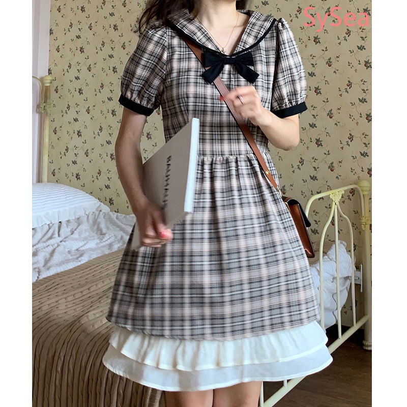 Đầm Tay Phồng Họa Tiết Ca Rô Ca Rô Phối Nơ Đáng Yêu Cho Nữ Mùa Hè