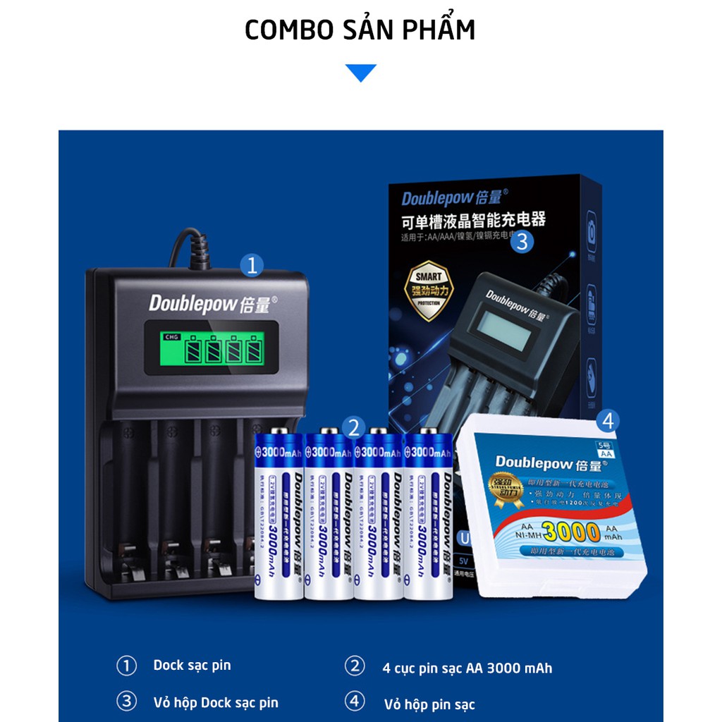 Combo bộ sạc pin 4 viên đa năng Doublepow DK-K93B (sạc pin AA, AAA) + 4 viên pin sạc Doublepow 3000mAh