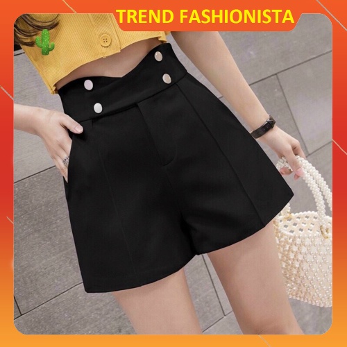 Quần short nữ lưng cao kiểu có nút ống rộng Basic chất tuyết mưa