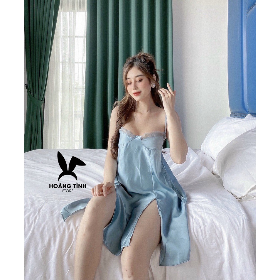Váy ngủ 2 dây xẻ đùi cao phối ren Hoàng Tình Store mặc nhà chất lụa satin mềm mại kèm quần đùi thoáng mát Freesize