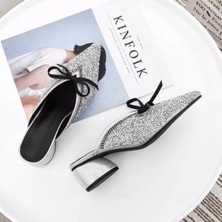 Giày mules đính đá mũi nhọn gót 4cm