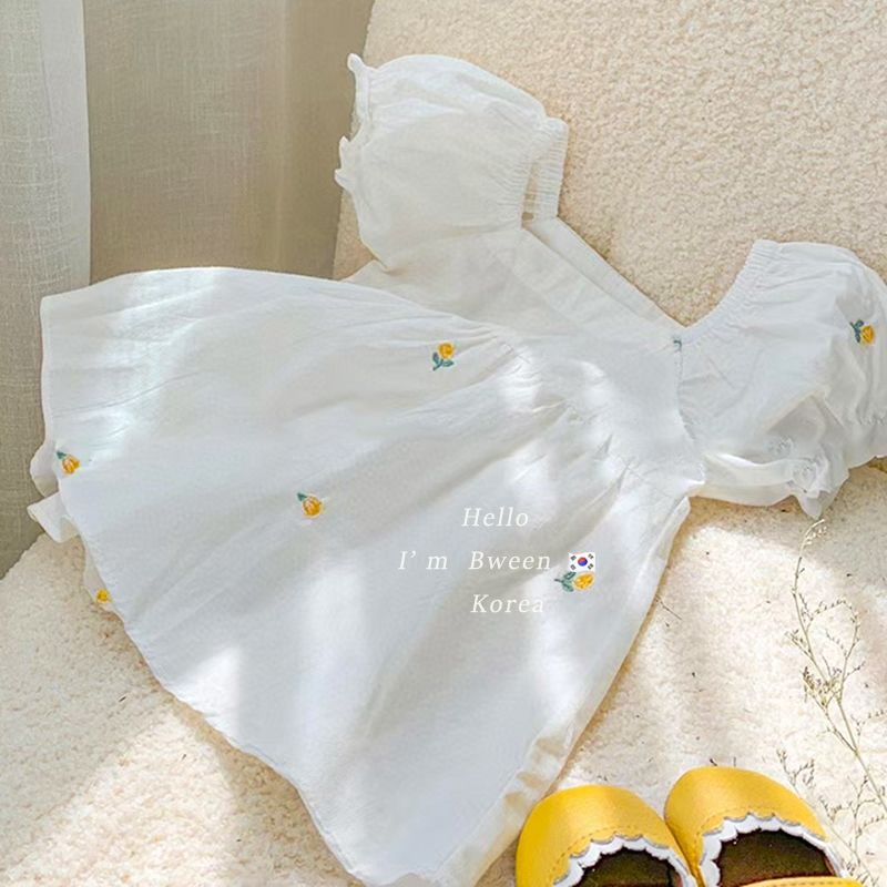 Đầm Công Chúa Tay Ngắn Cổ Vuông Phối Ren Thêu Họa Tiết Phong Cách Hàn Quốc Thời Trang Mùa Hè Mới Cho Bé Gái 0711