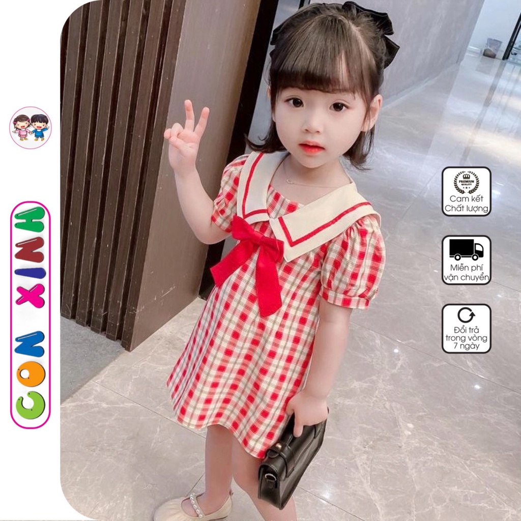 Đầm bé gái Con Xinh dáng chữ A họa tiết caro, đầm váy bé gái cổ Hải quân dành cho bé gái từ 4 đến 10 tuổi
