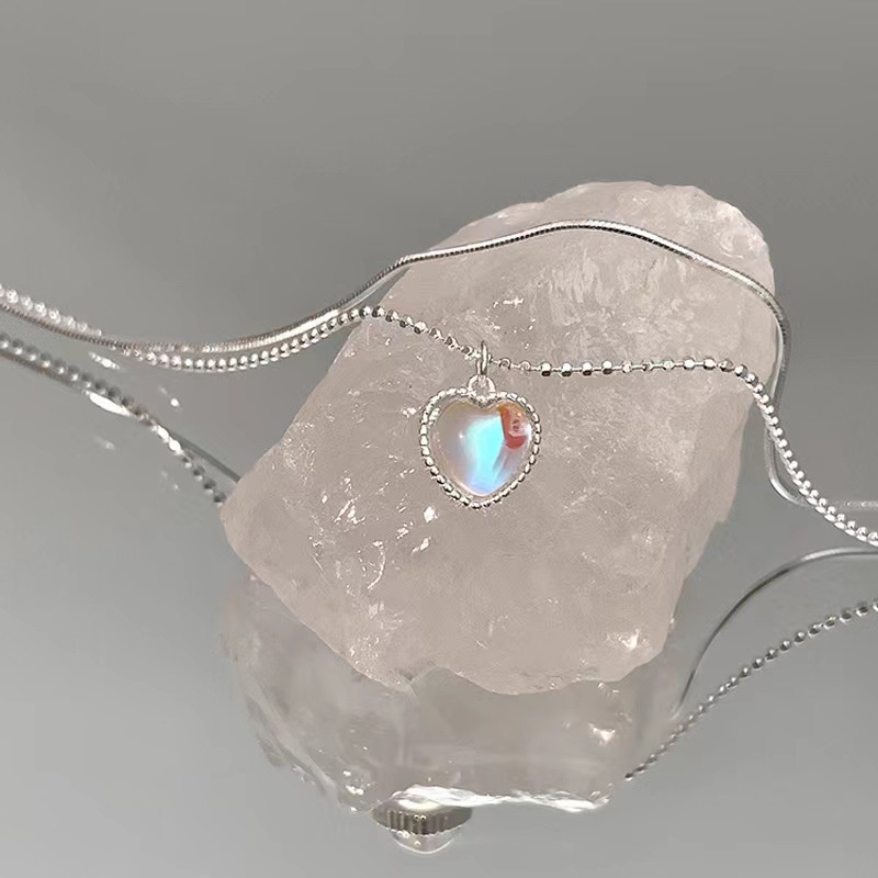 Multilayer Heart Moonstone Pendant Necklace Silver Chain Choker Jewelry Accessories