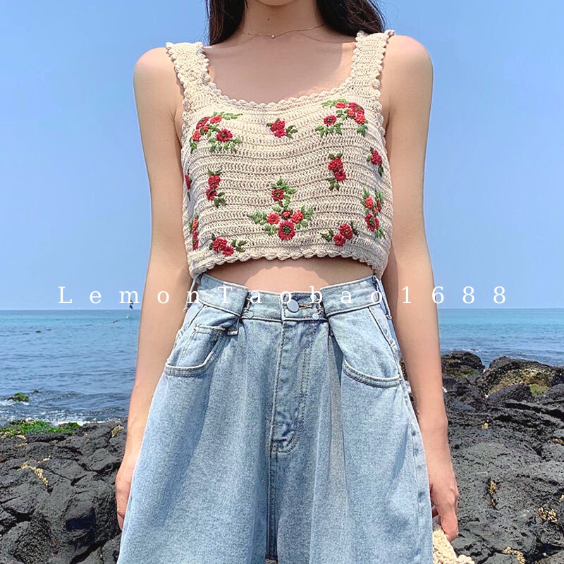 [ Sẵn ] Ảnh thật Áo ba lỗ dệt kim thêu hoa đi biển chất đẹp Lemontaobao1688