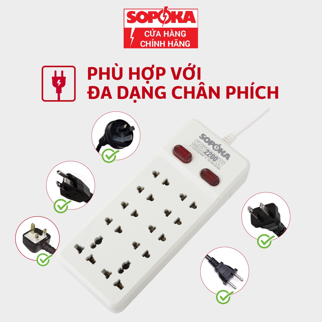 Ổ Cắm Điện Đa Năng Thông Minh 10Y SOPOKA 10 Lỗ Có Công Tắc Dây Dài 2M 4M 6M Chống Nước Chống Giật An Toàn Khi Đi Du Lịch