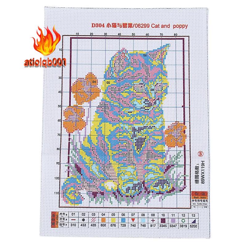 Mới Bộ Tranh Thêu Chữ Thập 14ct 21x29cm Hình Mèo Và Hoa Anh Túc