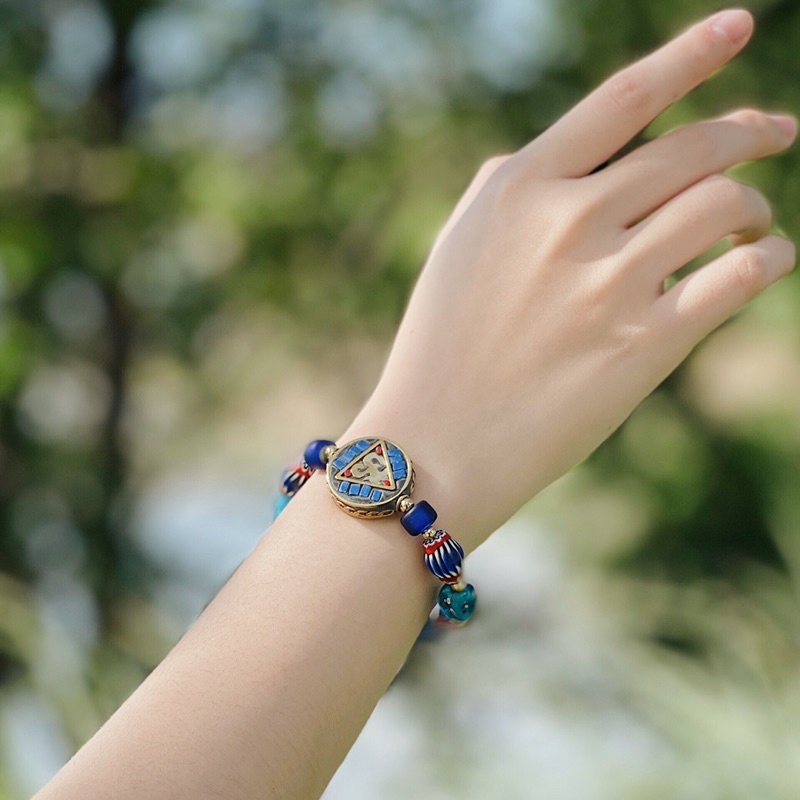 Vòng đeo tay Lưu Ly Tây Tạng mix charm đồng Inlay và Bát Nhã Tâm Kinh - Bình an may mắn hợp trợ duyên lành