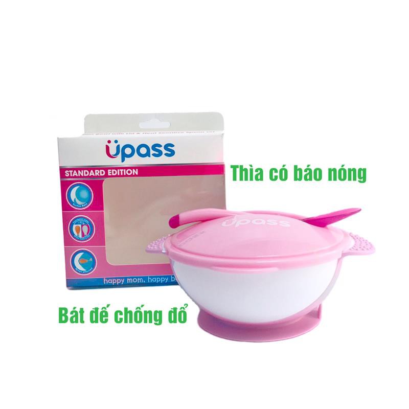 Bát ăn dặm Upass 3 giai đoạn, chống đổ cho bé Upass, bát ăn dặm hút chân không, thìa báo nóng Upass 