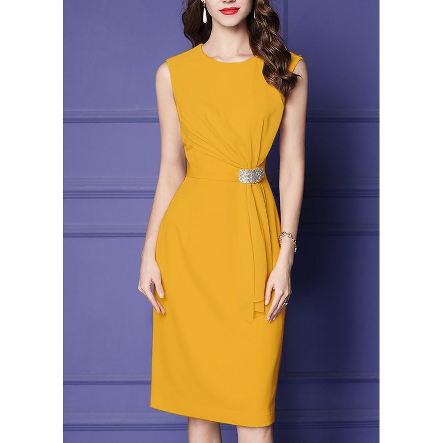 GOTI - Đầm Ôm Dự Tiệc Kiểu Không Tay Phối Voan Eo Đính Hạt Màu Vàng 3098