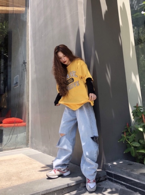 Quần jeans ống rộng Minion Clothing rách, lưng cạp cao, dáng Unisex, phong cách Ulzzang Streetwear Q033