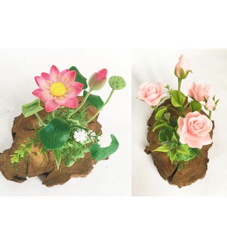 Mua Hoa đất sét mini Hoa hồng - Hoa sen handmade kết hợp khoanh gỗ tự nhiên vintage