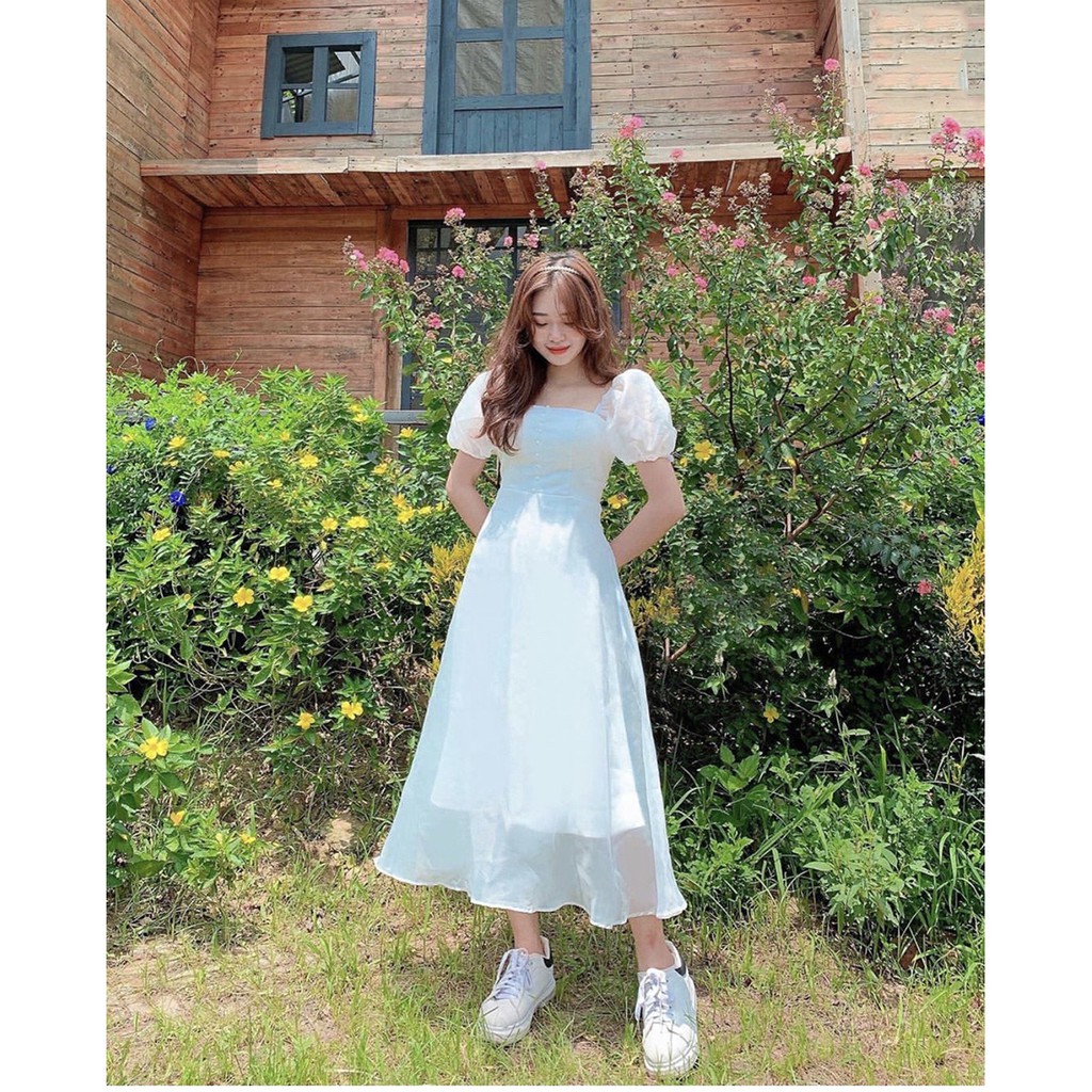 Đầm dự tiệc cao cấp tôn dáng trắng tay phồng cổ vuông | BigBuy360 - bigbuy360.vn