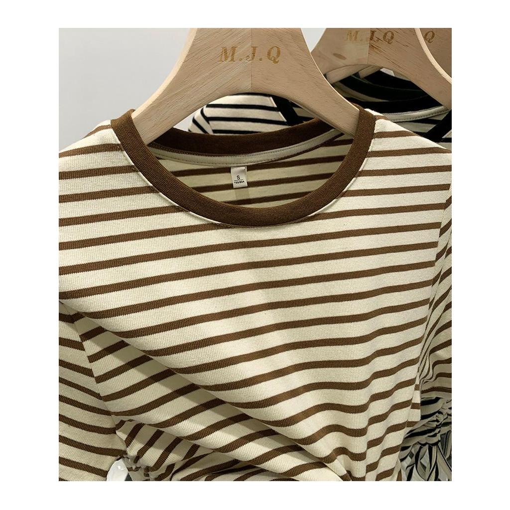 Áo Thun Tay Ngắn Rút Dây Họa Tiết Kẻ Sọc Phong Cách Retro 61728