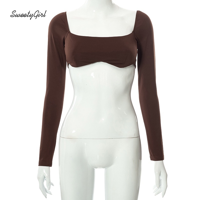 Áo croptop tay dài cổ chữ U màu trơn thời trang quyến rũ cho nữ