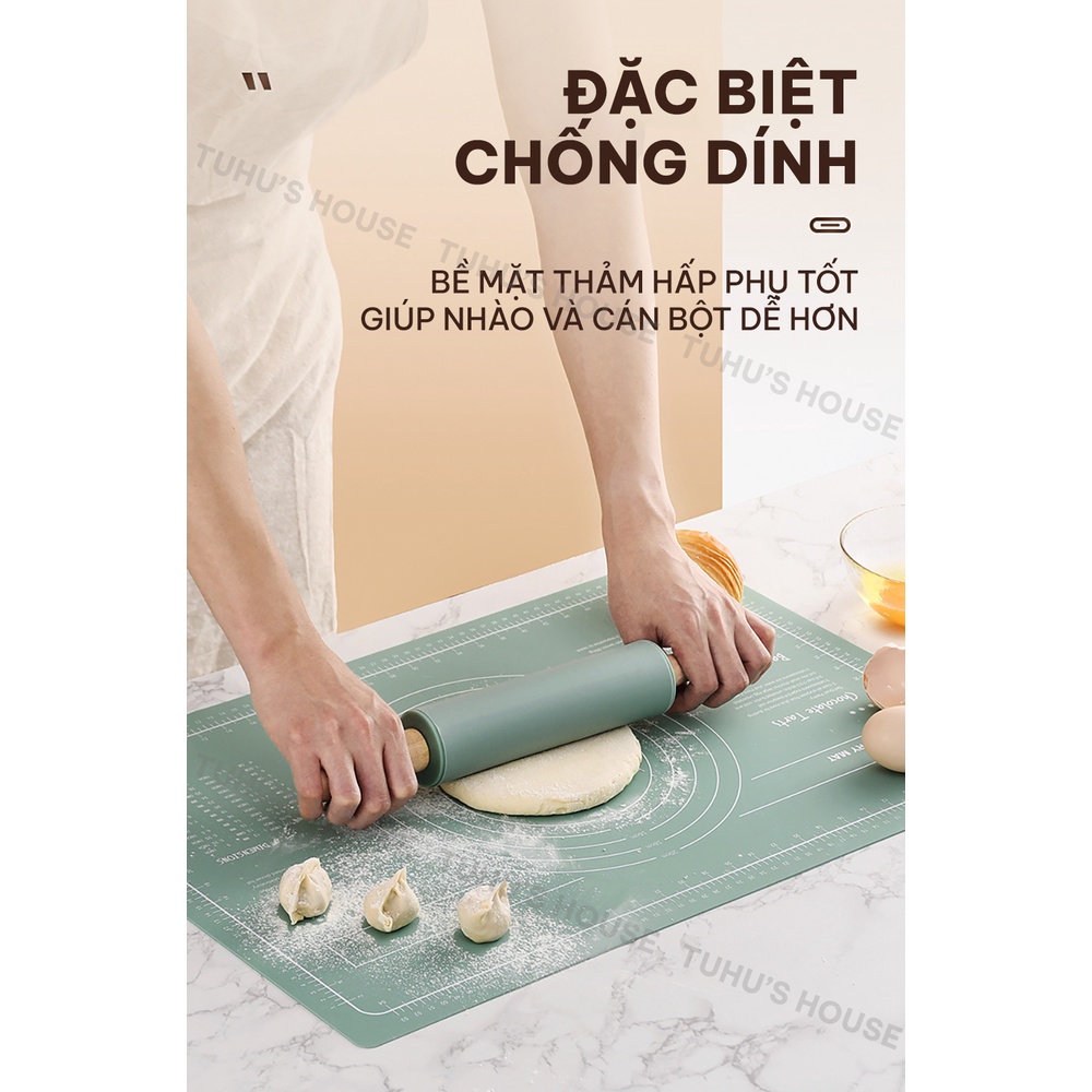 Dụng cụ làm bánh silicon, bộ dụng cụ nhà bếp gồm thảm nhào bột, cây cán lăn bột, dao cắt bột silicone - TUHUHOUSE