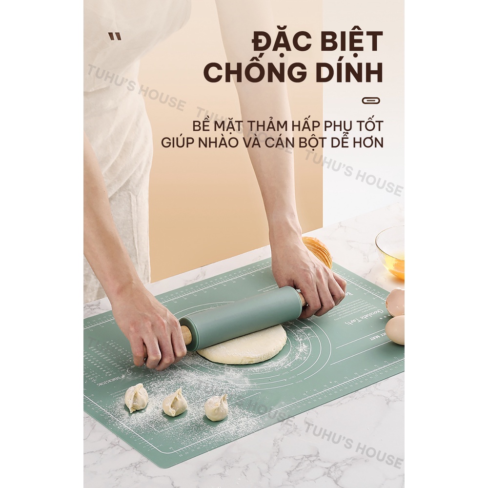 Dụng cụ làm bánh silicon, bộ dụng cụ nhà bếp gồm thảm nhào bột, cây cán lăn bột, dao cắt bột silicone - Tuhu’s House