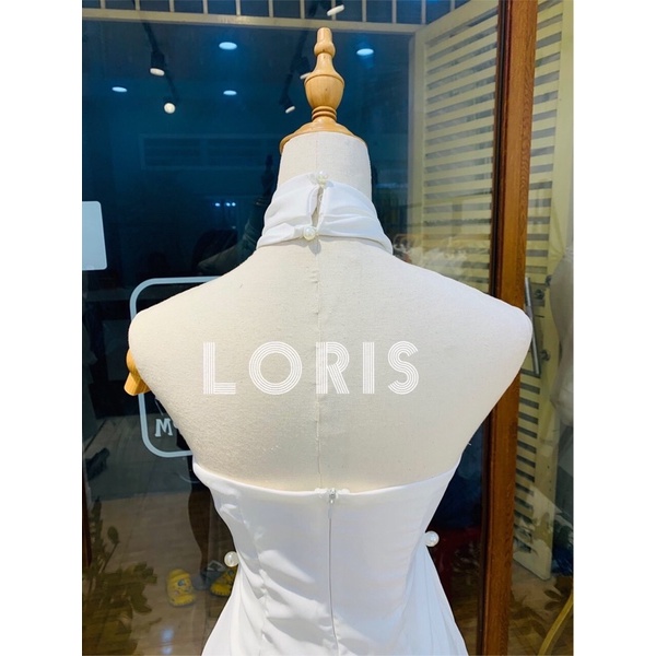 Đầm đi tiệc cổ yếm phối tà dập ly cánh quạt màu trắng đủ size | BigBuy360 - bigbuy360.vn