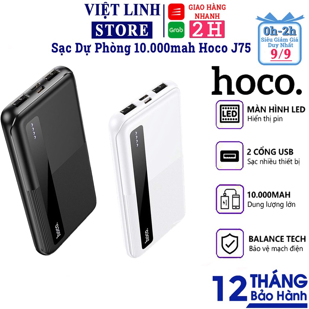 Pin sạc dự phòng 10000mAh HOCO J75, đầu vào Micro-USB/ Type-C, đầu ra 2 cổng USB 2A, có ĐÈN LED hiển thị pin