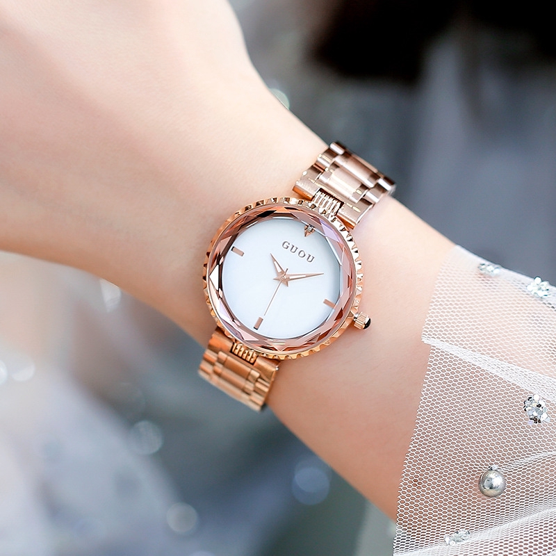 Đồng hồ đeo tay dây thép vàng hồng chống thấm thời trang thanh lịch Guou