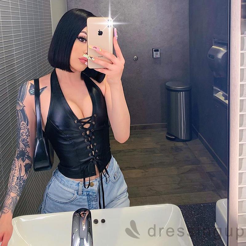Áo Da Pu Không Tay Đan Dây Màu Trơn Cá Tính Dành Cho Nữ