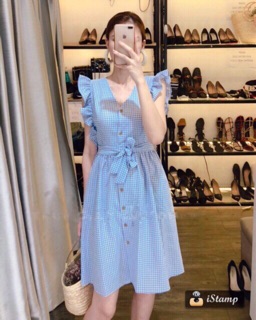 Váy kẻ caro tay cánh tiên, thắt eo, cổ tim