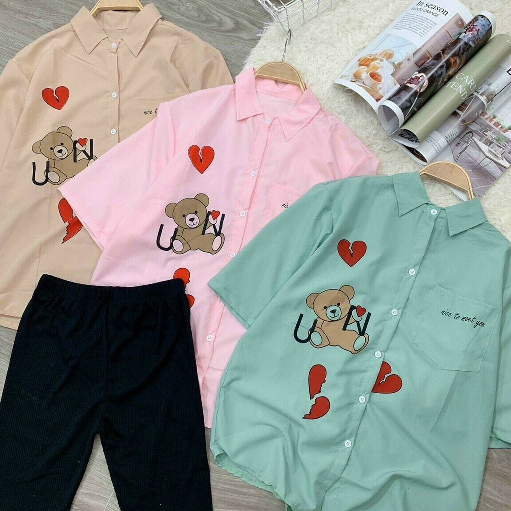 Set Bộ Đồ Nữ Áo Sơ Mi Hoạ Tiết Quần Legging Ngố