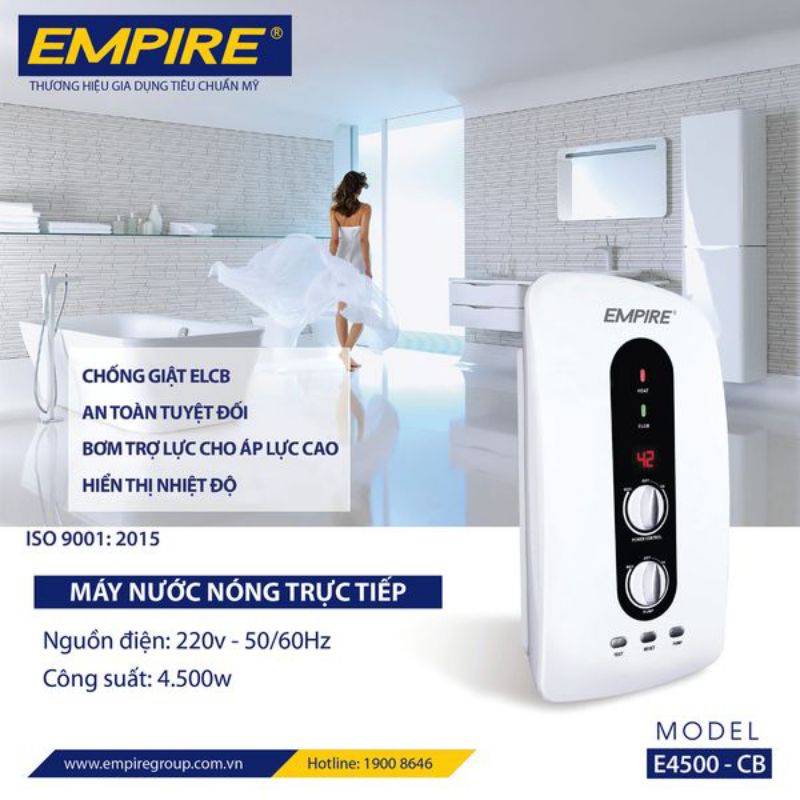 Máy tắm nước nóng trực tiếp có bơm tăng áp empire E4500