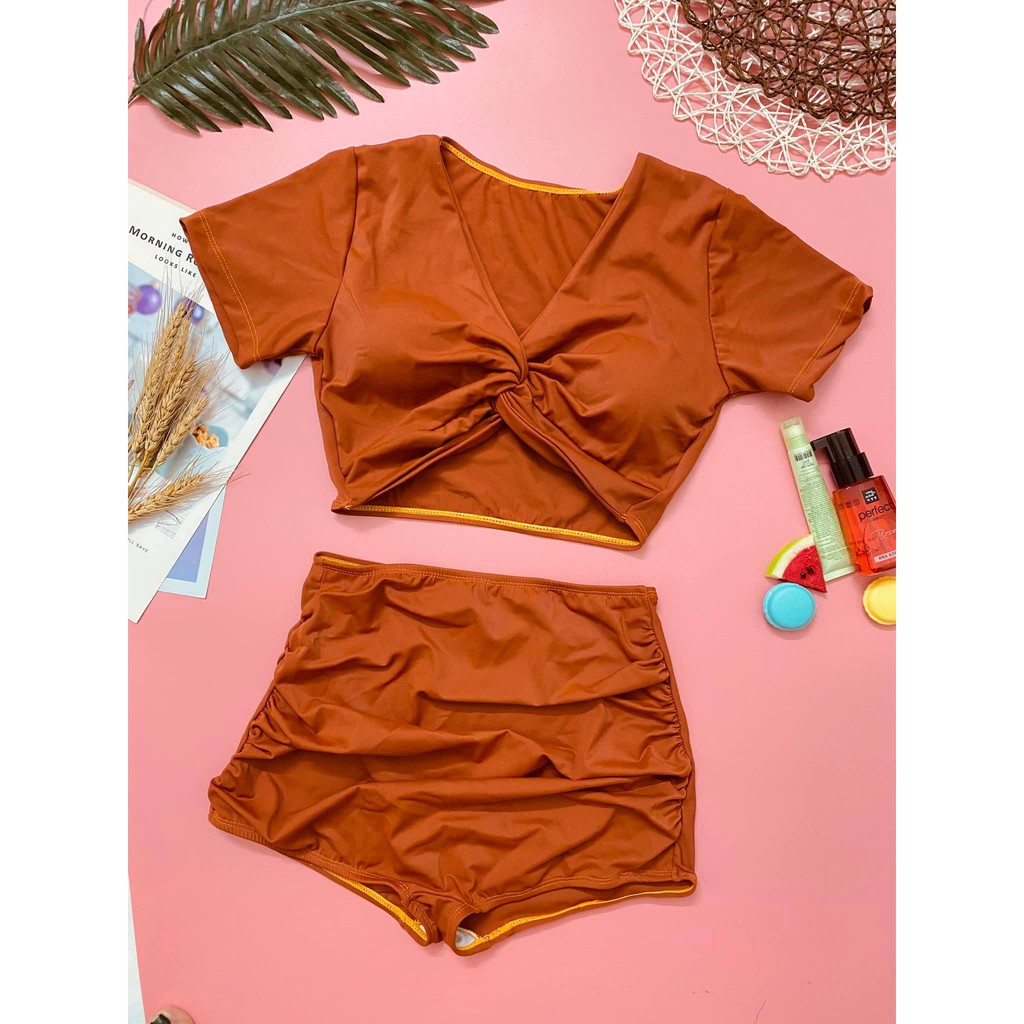 Bikini áo tắm 2 mảnh ngắn tay chun ngực quần đùi cạp cao nhiều màu | BigBuy360 - bigbuy360.vn