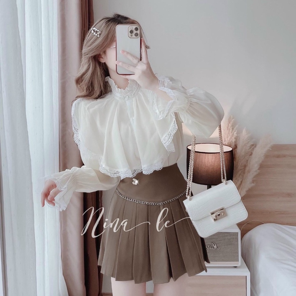 Áo sơ mi kiểu màu trắng nữ cổ bèo phối ren 2 lớp bánh bèo sang chảnh | BigBuy360 - bigbuy360.vn