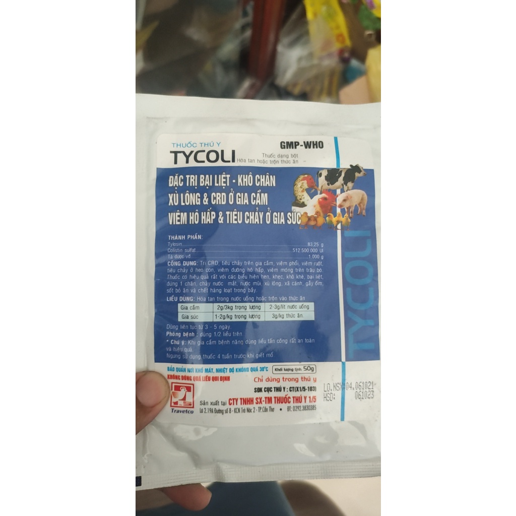 [DT] TYCOLI 50g cảm cúm, phân xanh, phân trắng, phân nhớ, tụ huyết trùng, phó thương hàn,  phù đầu ở gà, vịt, ngang,