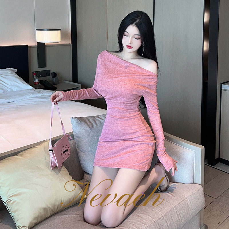 Đầm Ngắn Tay Dài Màu Trơn Phong Cách Hàn Quốc Thời Trang Mùa Thu Hàng Mới