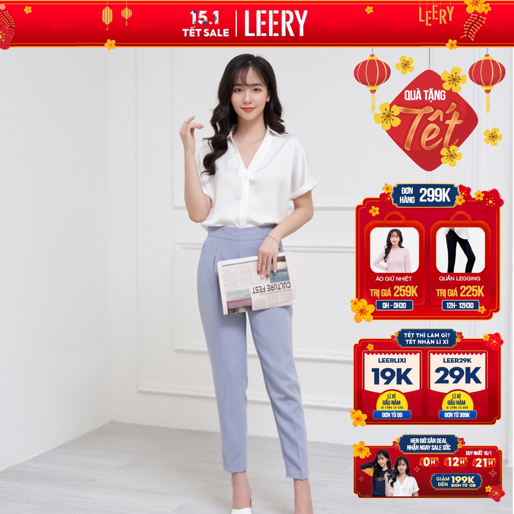 Áo sơ mi nữ ngắn tay kiểu cổ Đức vải lụa Hàn cao cấp mặc đi làm công sở màu Trắng Xanh LEERY SM-08