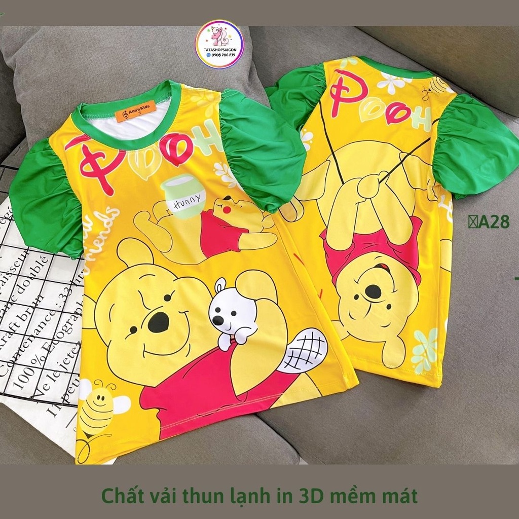 A28 Đầm bé gái - váy cho bé gái tay phồng đẹp thun lạnh in 3D mềm mát mùa hè size đại 22 đến 40kg