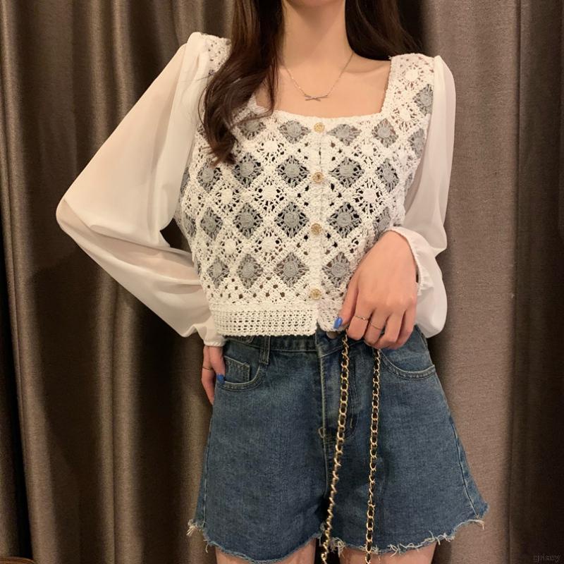 Áo sơ mi chiffon dệt kim cổ vuông tay phồng phối nút kiểu retro Hàn Quốc xinh xắn cho nữ