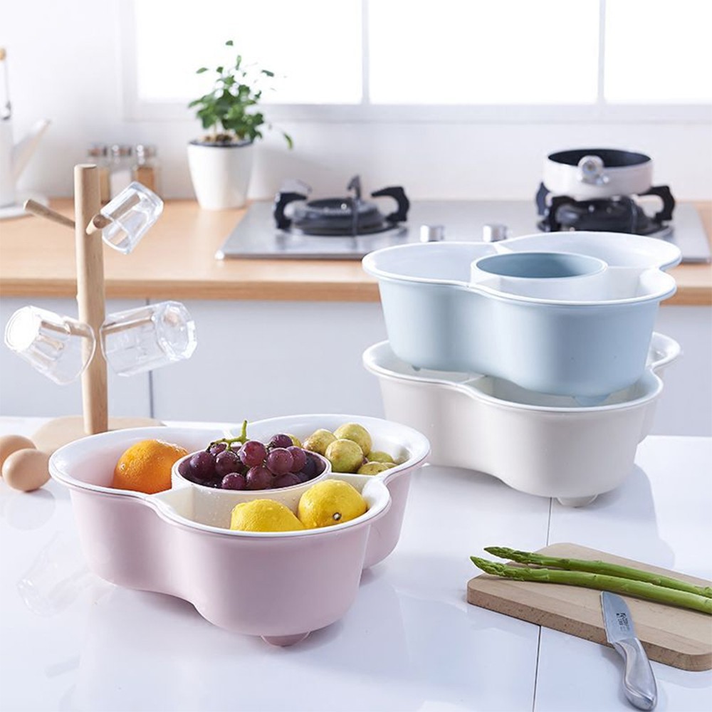 Rổ Nhựa 2 Lớp Đựng Đồ Ăn Lẩu - Rổ Để Hoa Quả - Khô Ráo 4 Ngăn - Dụng Cụ Nhà Bếp - 34cm