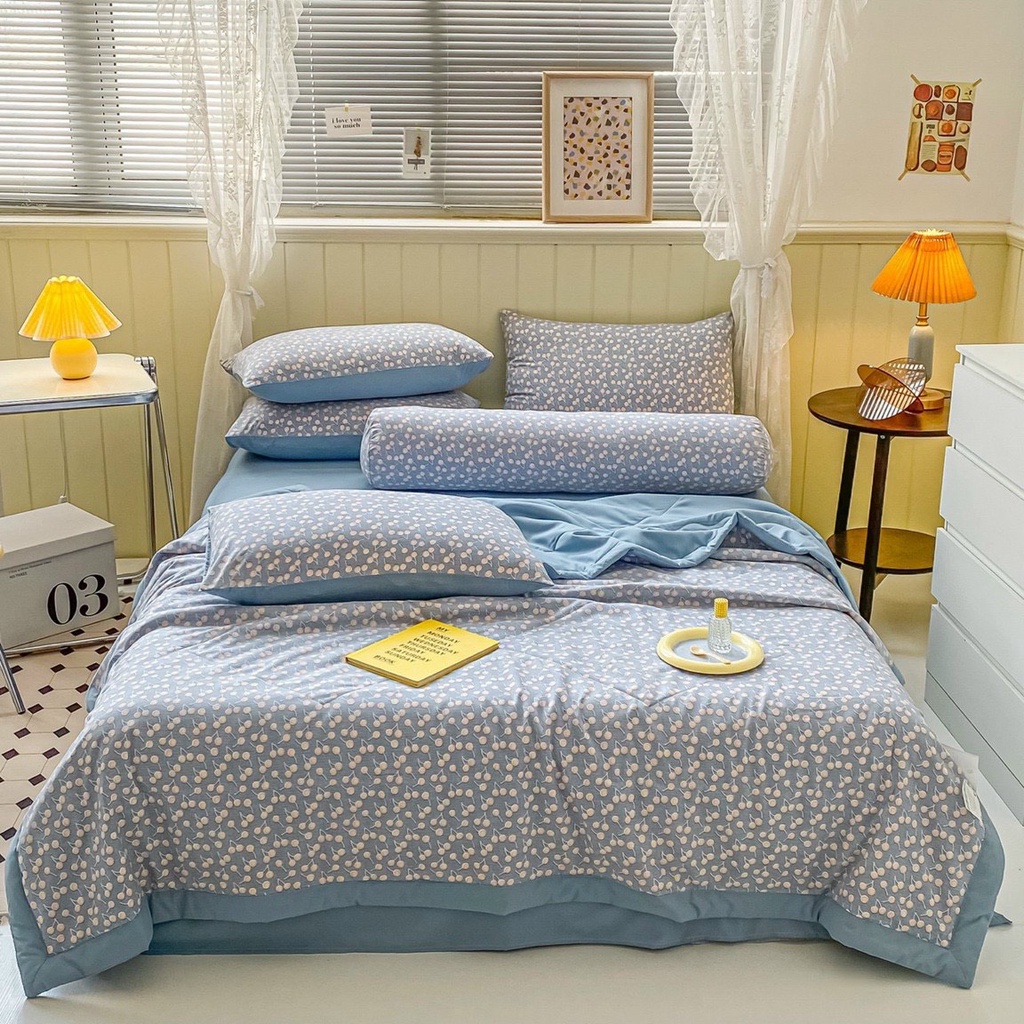 Bộ chăn ga gối Cotton Đũi 5 món phong cách Hàn Quốc mẫu mới 2023,Ga giường vỏ gối chăn hè chất đũi thoáng mát không xù