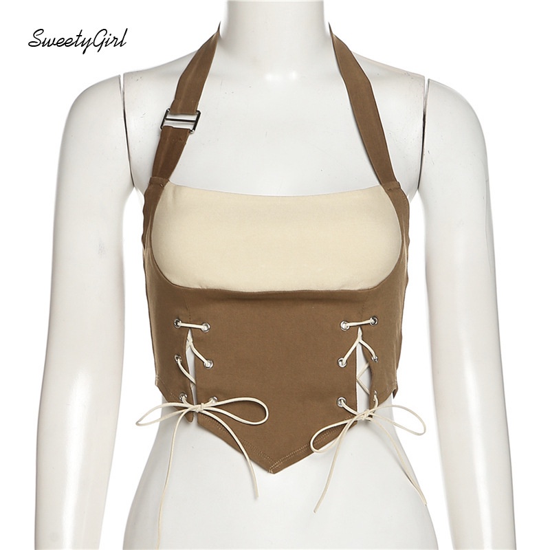 Áo Hai Dây Rút Dây Màu Sắc Tương Phản Thời Trang Quyến Rũ Cho Nữ