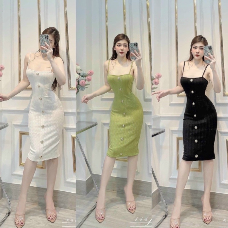 Đầm ôm body 2 dây dáng dài đính nút siêu sang